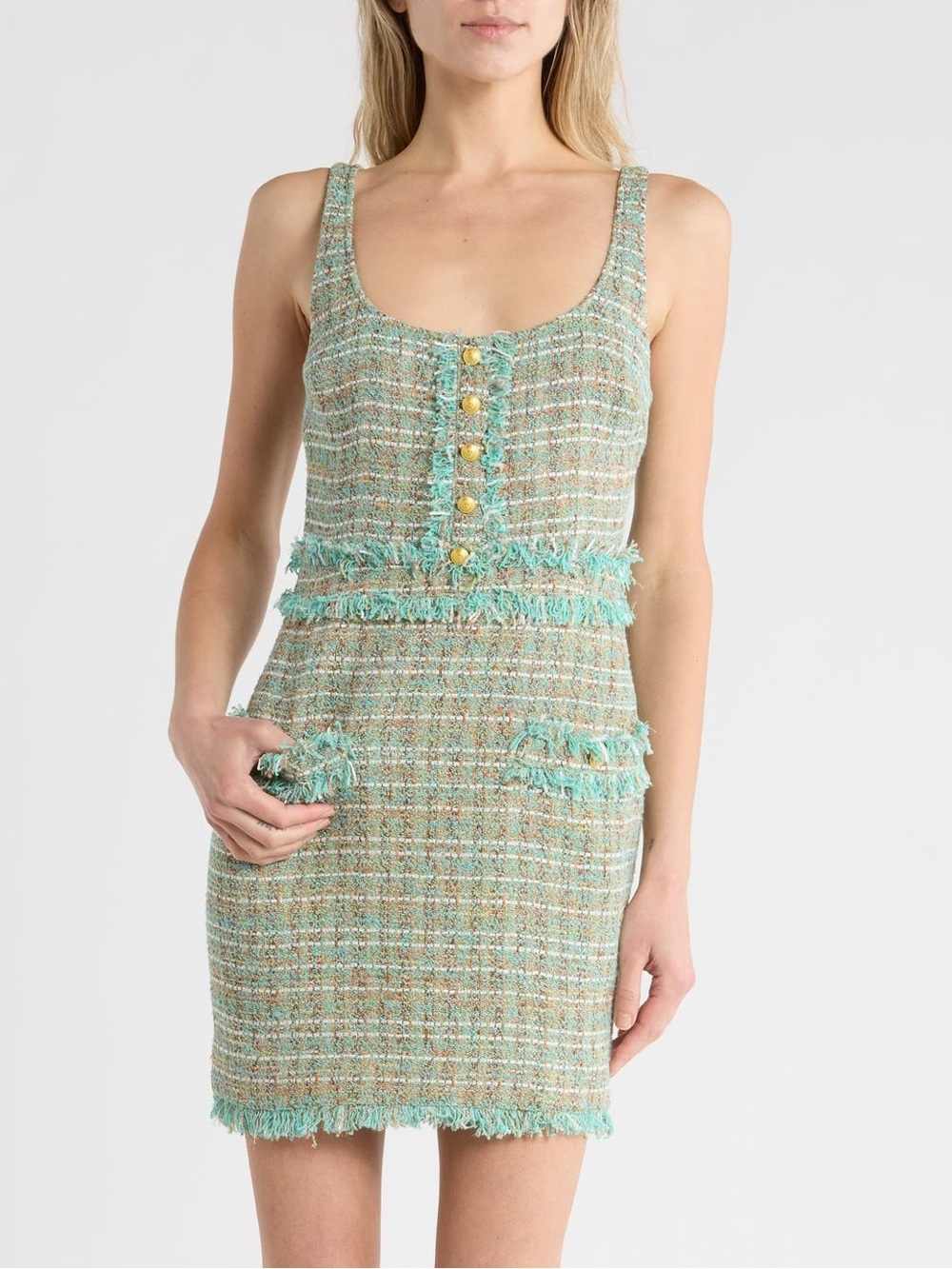 New LâAgence Valli Square Neck Sleeveless Tweed Mini Dress Lagoon Teal Sz 10